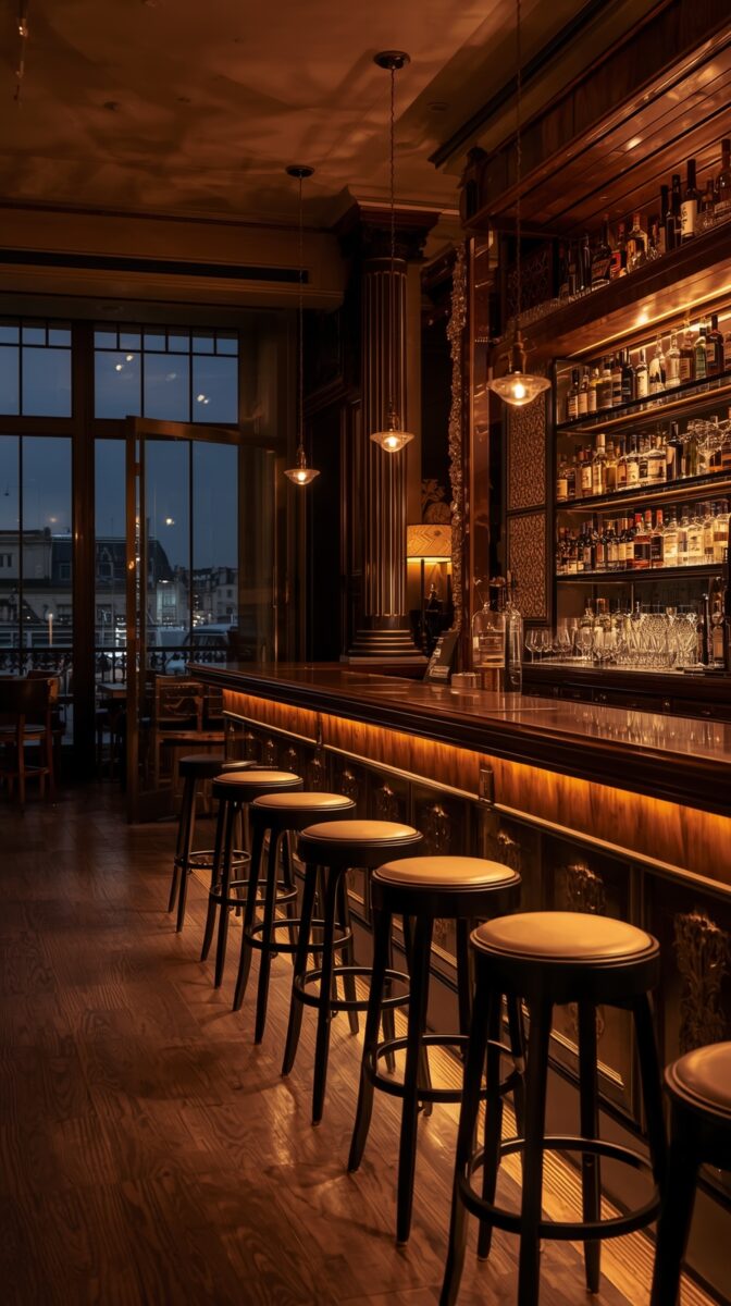 Elegant bar interior with wooden barstools, illuminated back bar shelves, pendant lights, and large windows showing city lights