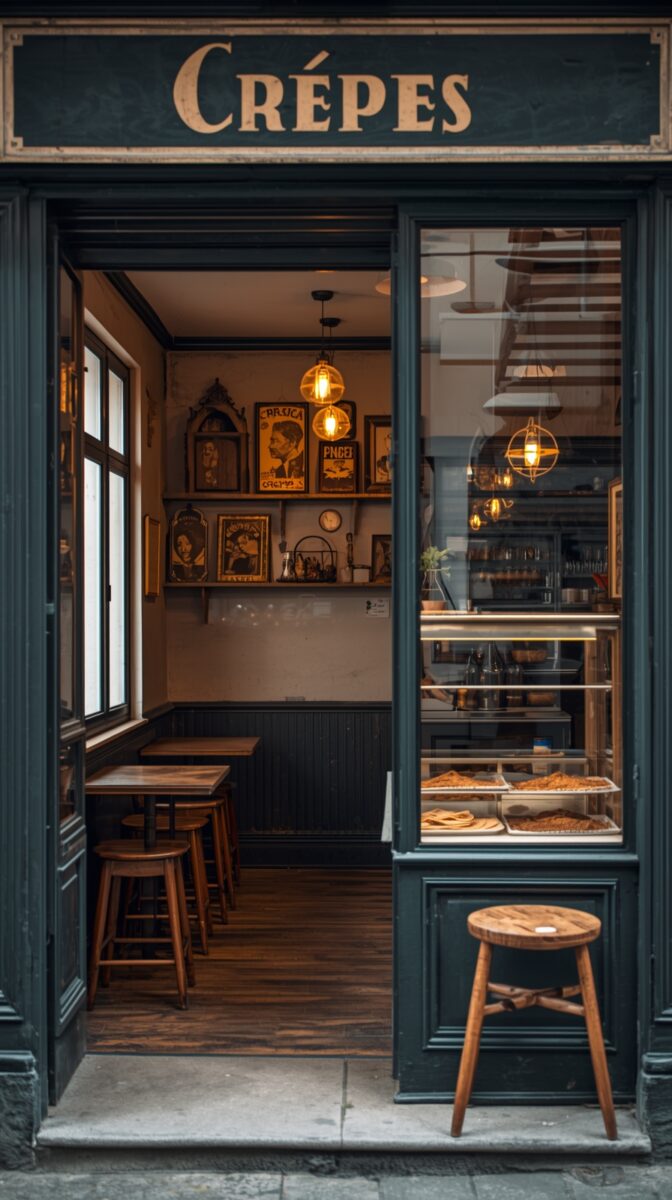 Cozy French crêpe shop storefront with teal woodwork, vintage posters, pendant lights, wooden stools and display case of fresh crêpes