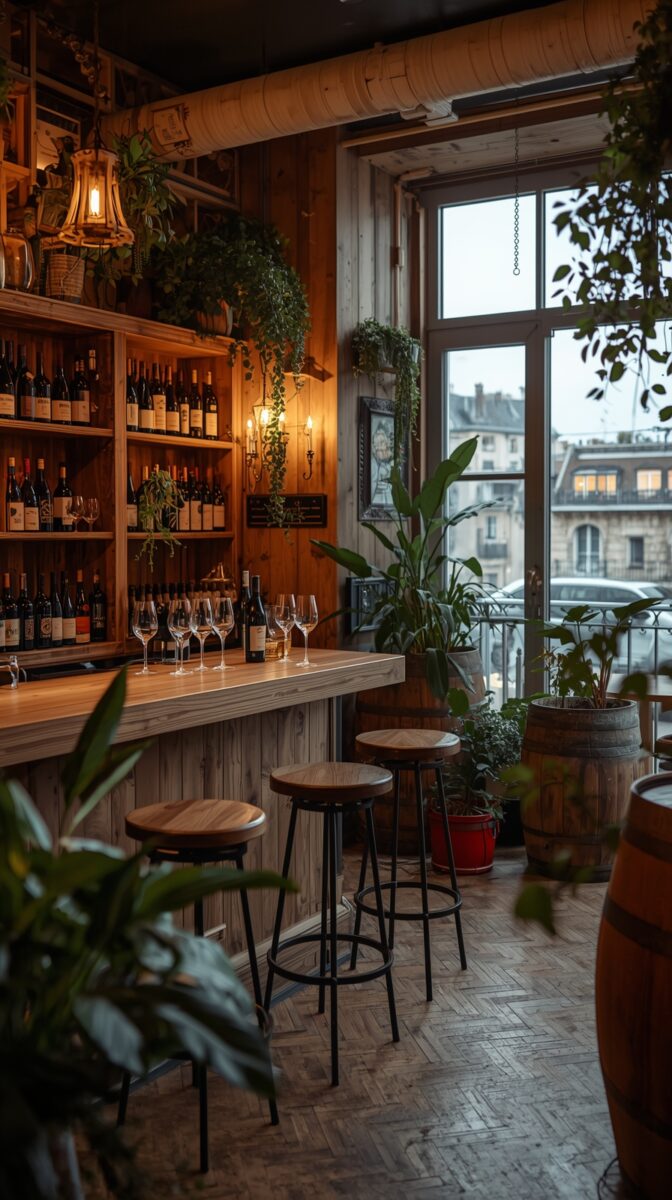 Cozy wine bar interior with wooden bar, wine bottles on shelves, bar stools, and plants near large window overlooking city buildings