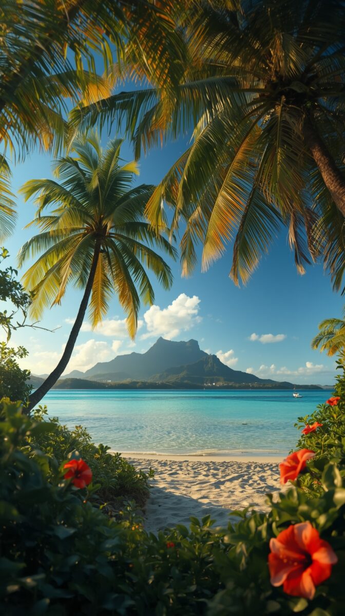Tropical beach view with palm trees, turquoise water, mountain backdrop, and red hibiscus flowers framing pristine sandy shore