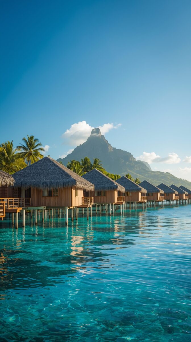 Overwater bungalows with thatched roofs in Bora Bora, lined up over turquoise lagoon waters with Mount Otemanu in background
