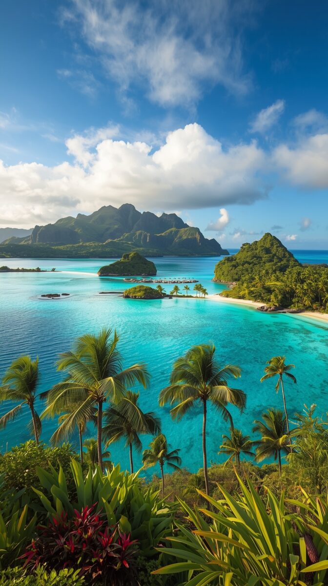 Aerial view of Bora Bora lagoon with turquoise waters, palm trees, small islands, and mountain peaks under blue sky with clouds