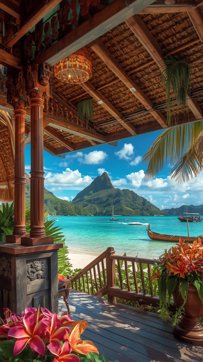 Luxury beach villa veranda with wooden columns overlooking turquoise lagoon and mountain peak in Bora Bora, with tropical flowers