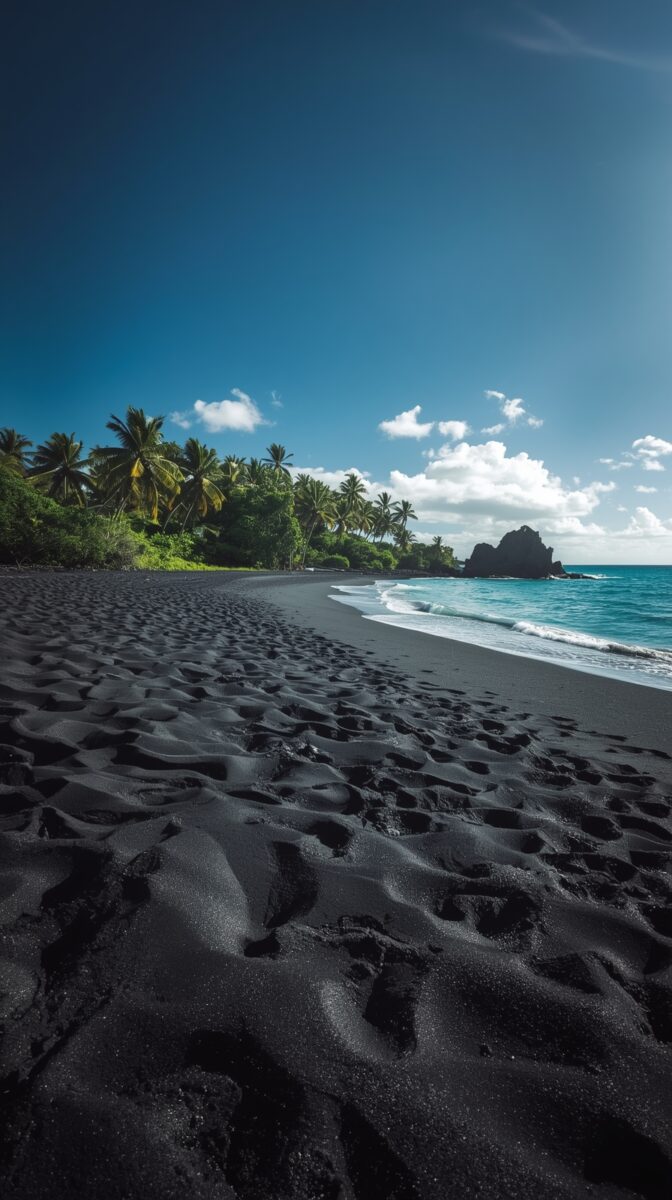 Black sand beach with palm trees and turquoise ocean waves, featuring volcanic rocks and white clouds in Hawaii