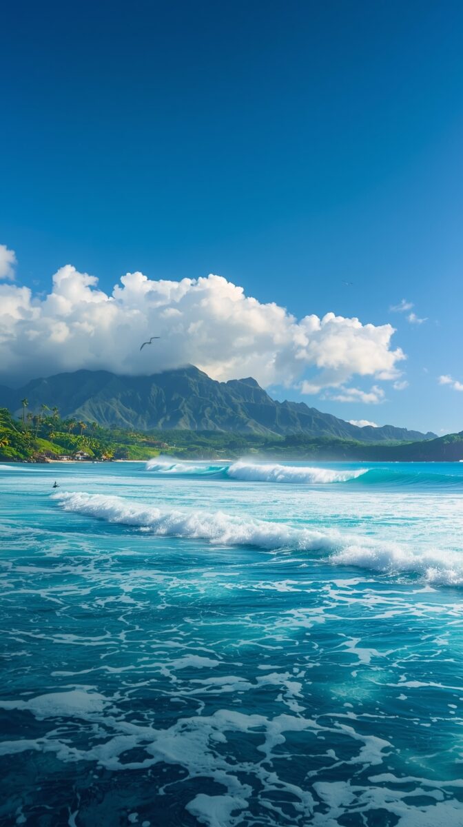 Turquoise waves breaking on Hawaiian coastline with dramatic mountain range and white clouds against blue sky