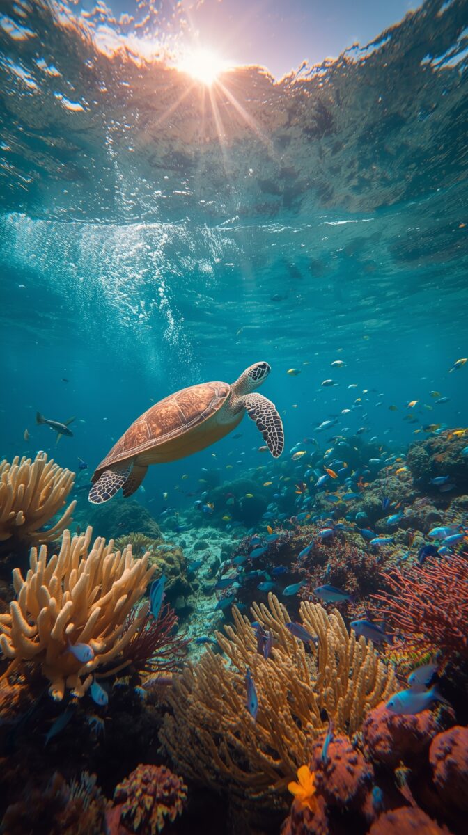 Sea turtle swimming over vibrant coral reef with sunburst through turquoise water, surrounded by tropical fish and coral formations