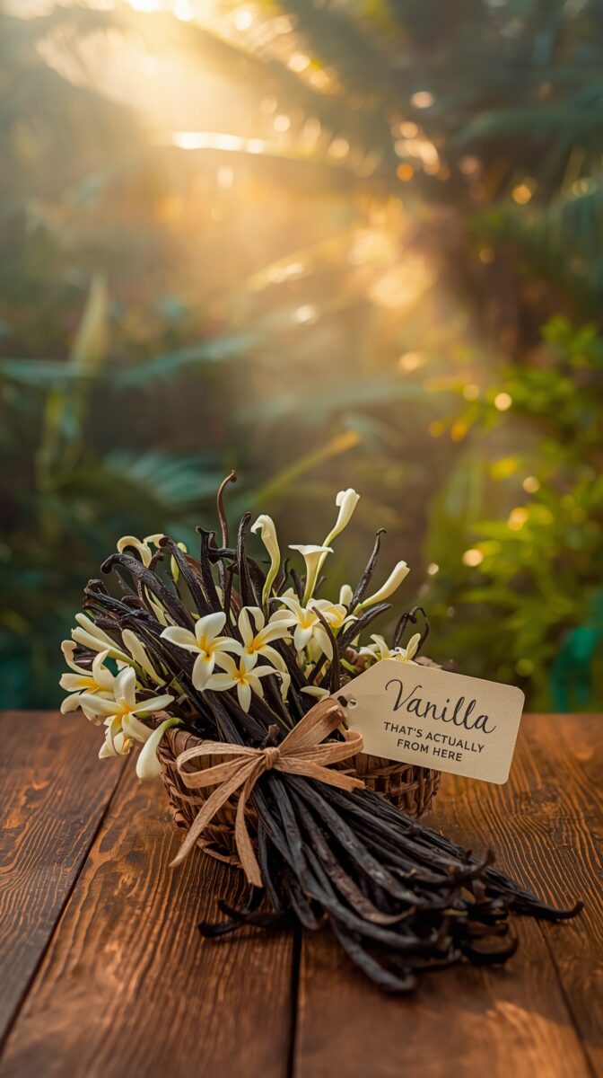Bundle of dried vanilla beans with white vanilla flowers and a tag reading 'Vanilla that's actually from here' on wooden surface
