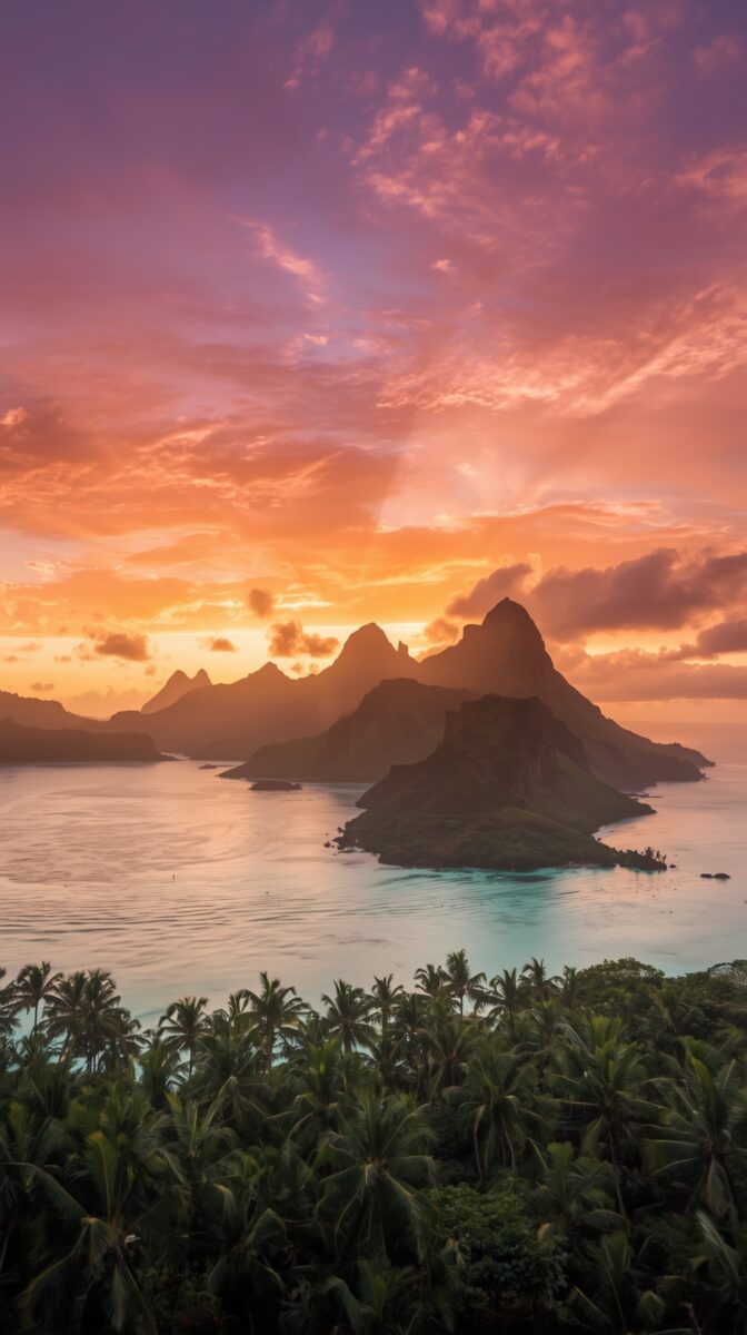Dramatic sunset over volcanic mountains in French Polynesia, with turquoise lagoon waters and palm tree forest in foreground