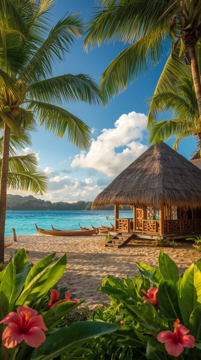 Tropical beach scene with thatched-roof gazebo, traditional wooden boats, turquoise water, palm trees, and blooming hibiscus flowers