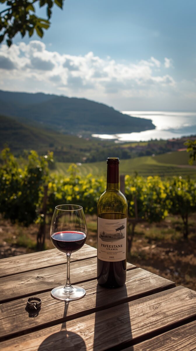 Wine bottle and glass on wooden deck overlooking coastal vineyard and ocean, featuring Priestane wine from 2013