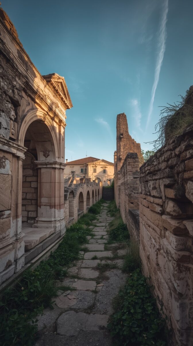 Ancient stone pathway between arched colonnade and wall, leading to historic building with tall ruined tower in background