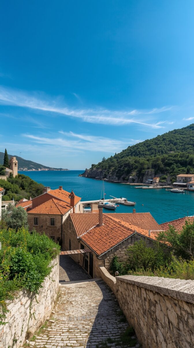 Mediterranean coastal village with stone path leading to harbor, red-tiled roofs, and turquoise waters surrounded by green hills