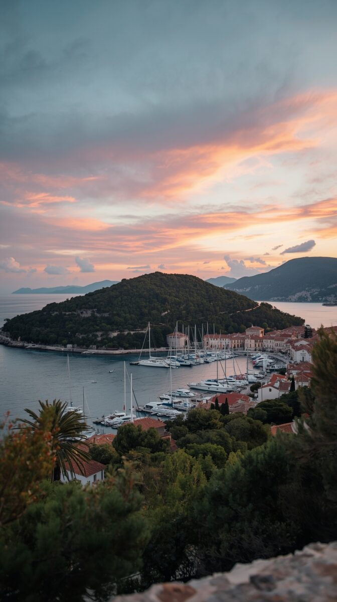 Sunset view of Mediterranean marina with luxury yachts, red-roofed buildings, and mountains in Vis, Croatia