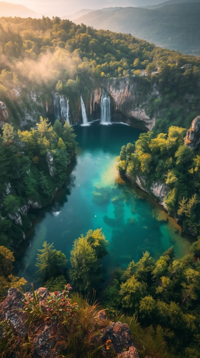 Aerial view of Plitvice Lakes waterfalls in Croatia with turquoise water, multiple cascades, and sunlit forest surroundings
