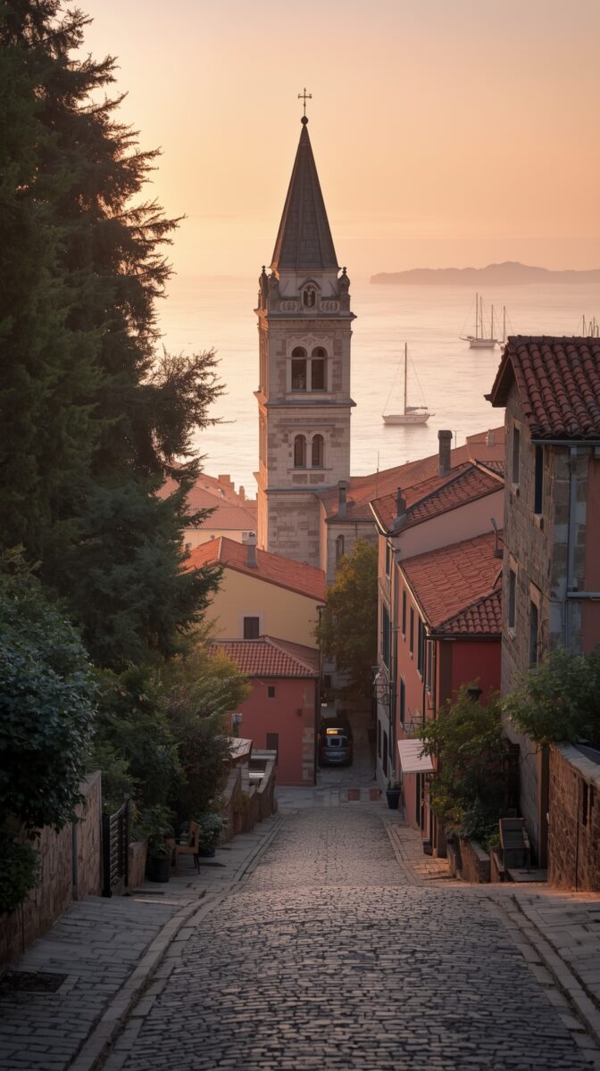 Cobblestone street in Mediterranean coastal town with church bell tower and sailboats visible in harbor during sunset