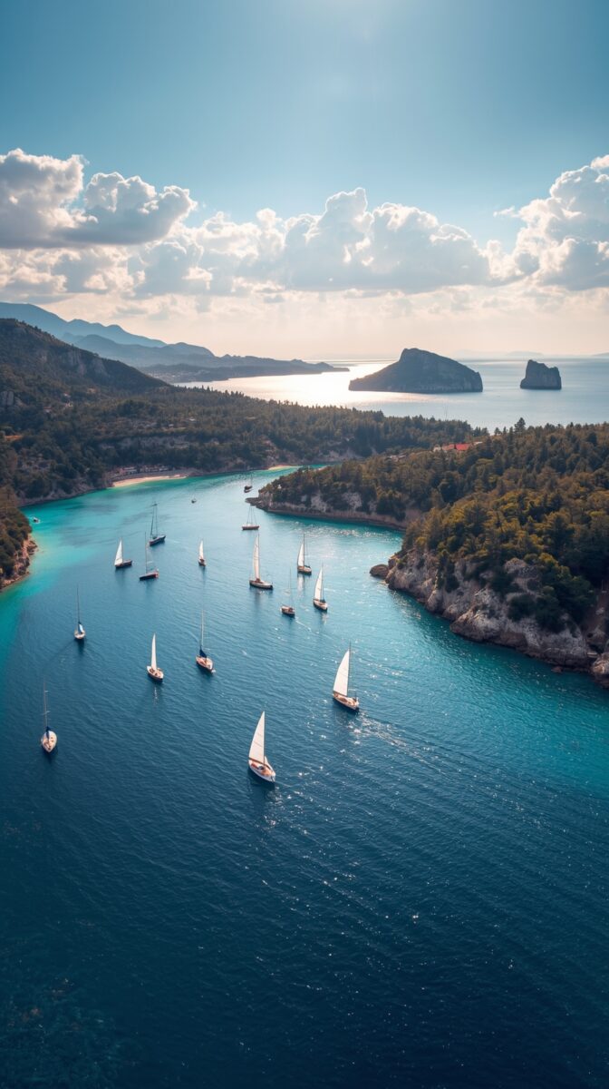 Aerial view of sailboats in turquoise Mediterranean bay with rocky coastline, forested hills and distant islands under cloudy sky
