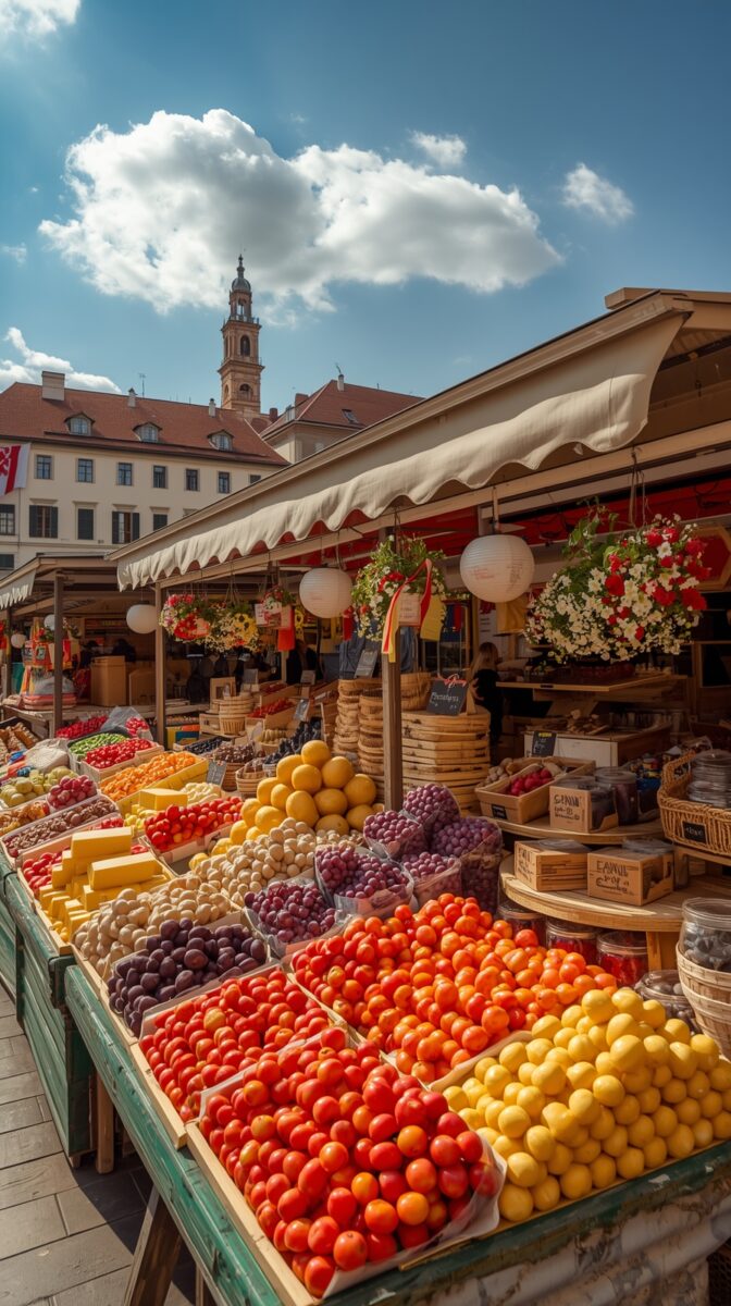 Colorful European market stall displaying fresh fruits with church tower in background, white awning and paper lanterns above