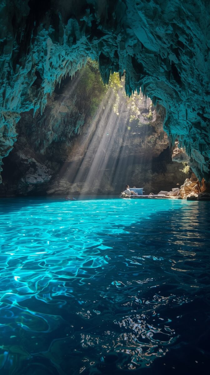Sunbeams streaming through cave opening into turquoise waters of Melissani Cave, with small boat resting near rocky shore