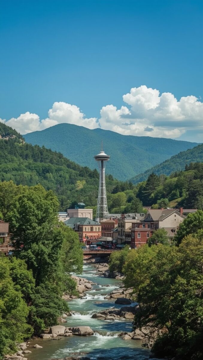 Gatlinburg Tennessee skyline with observation tower, rocky river rapids, downtown buildings, and Smoky Mountains backdrop