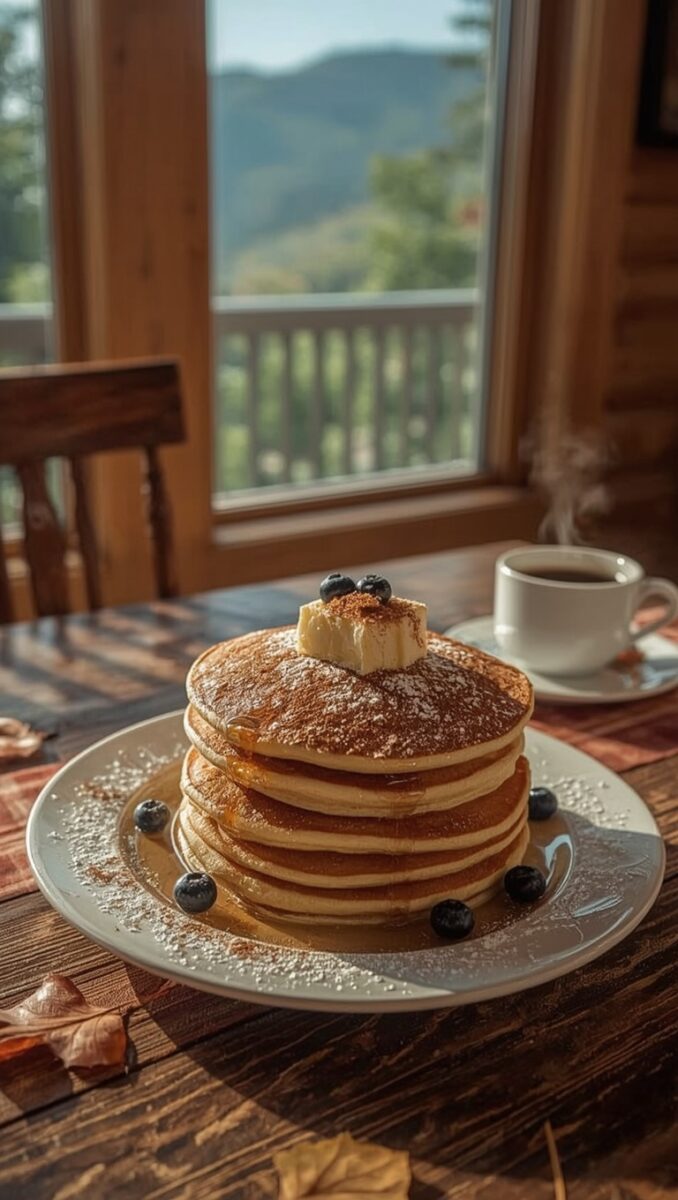 Stack of golden pancakes with butter, blueberries, and syrup on white plate beside steaming coffee in mountain cabin