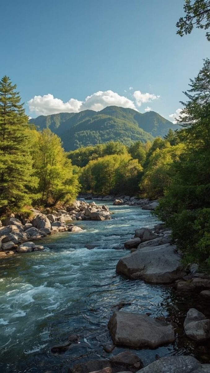 Rocky mountain river with turquoise rushing water, surrounded by lush green trees and forested peaks under blue sky