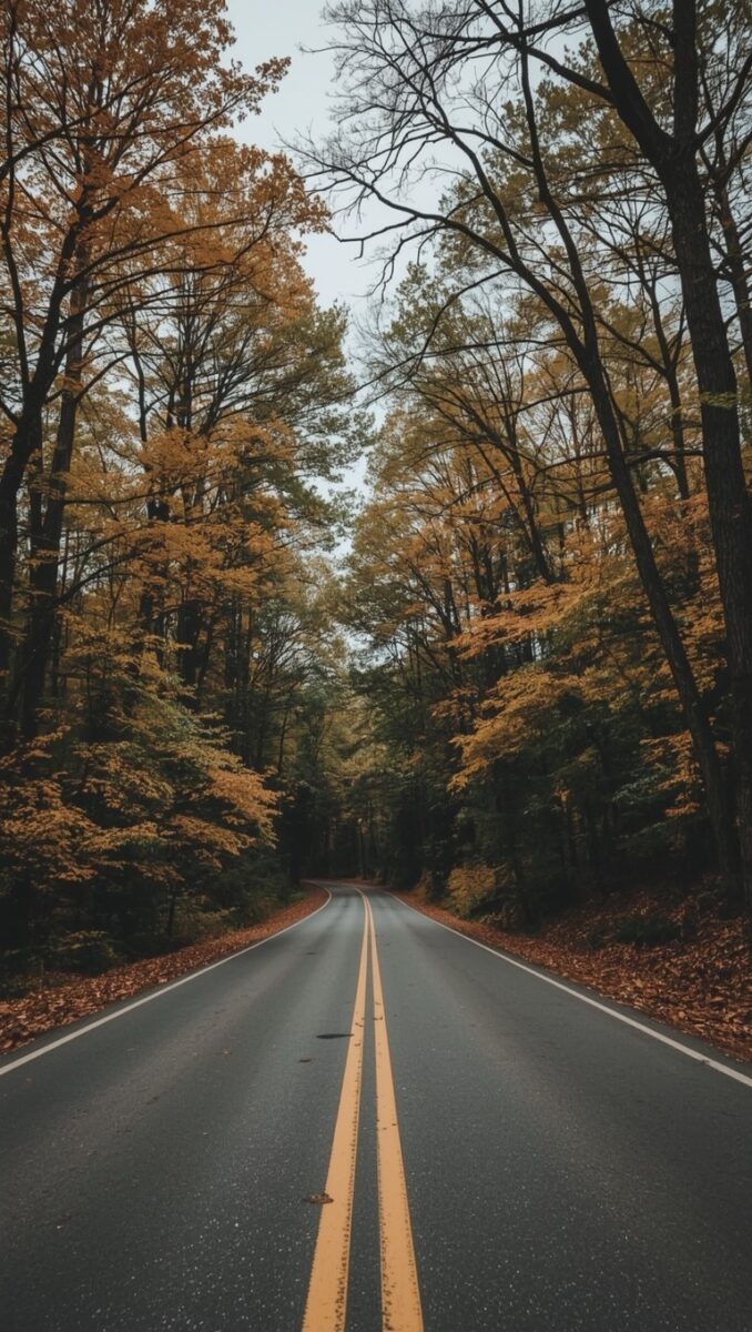 Two-lane asphalt road winding through a forest with vibrant autumn foliage in golden and orange tones