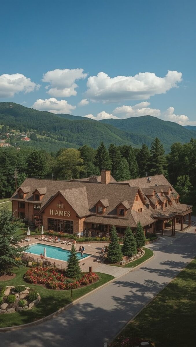 Aerial view of The Hiames mountain lodge resort with outdoor pool, manicured gardens, and forested green hills backdrop