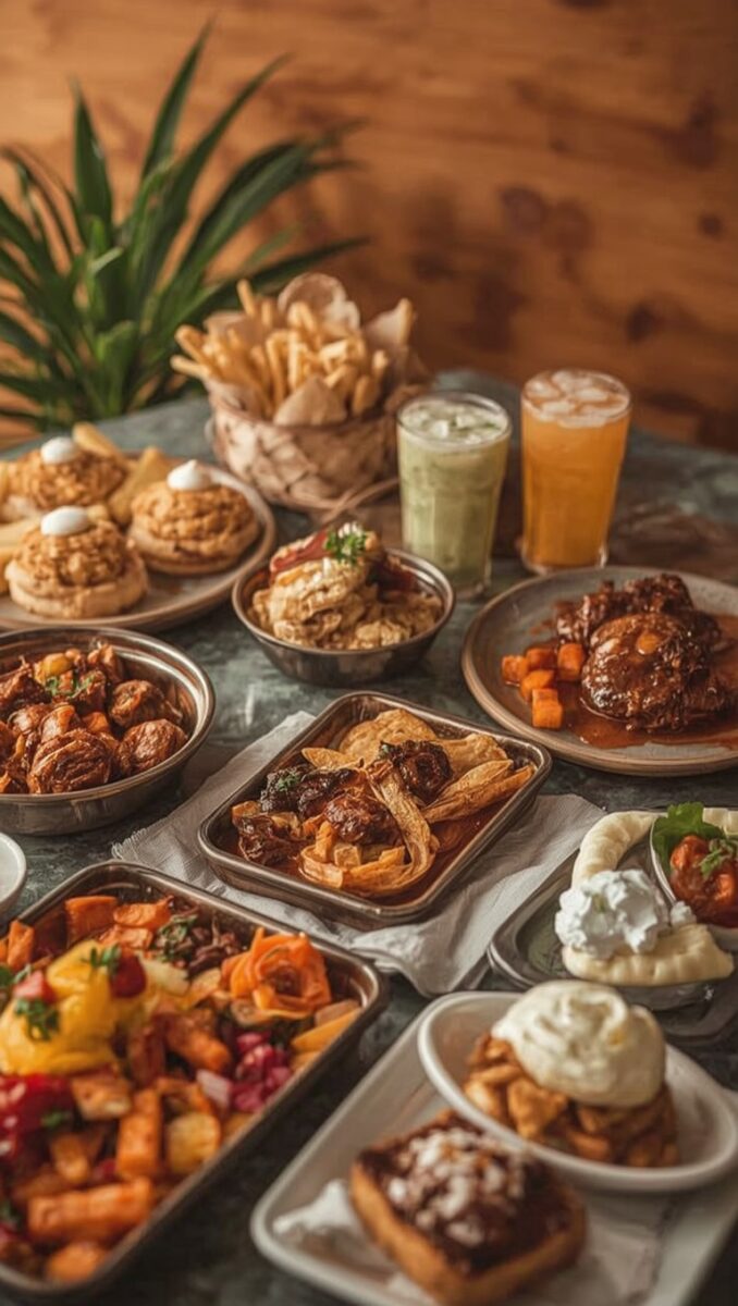 Abundant table spread with multiple dishes including braised meats, roasted vegetables, pastries, fries, and iced drinks