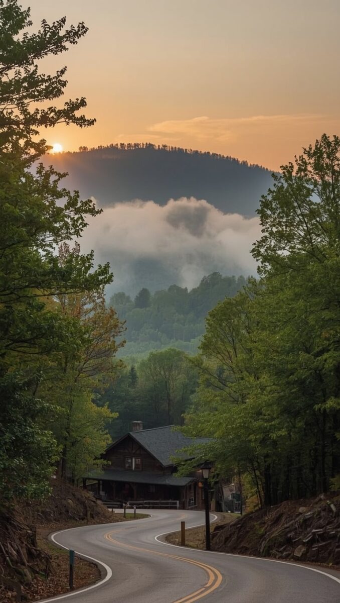 Winding mountain road at sunset with misty hills, lush green trees, and a rustic cabin in the background