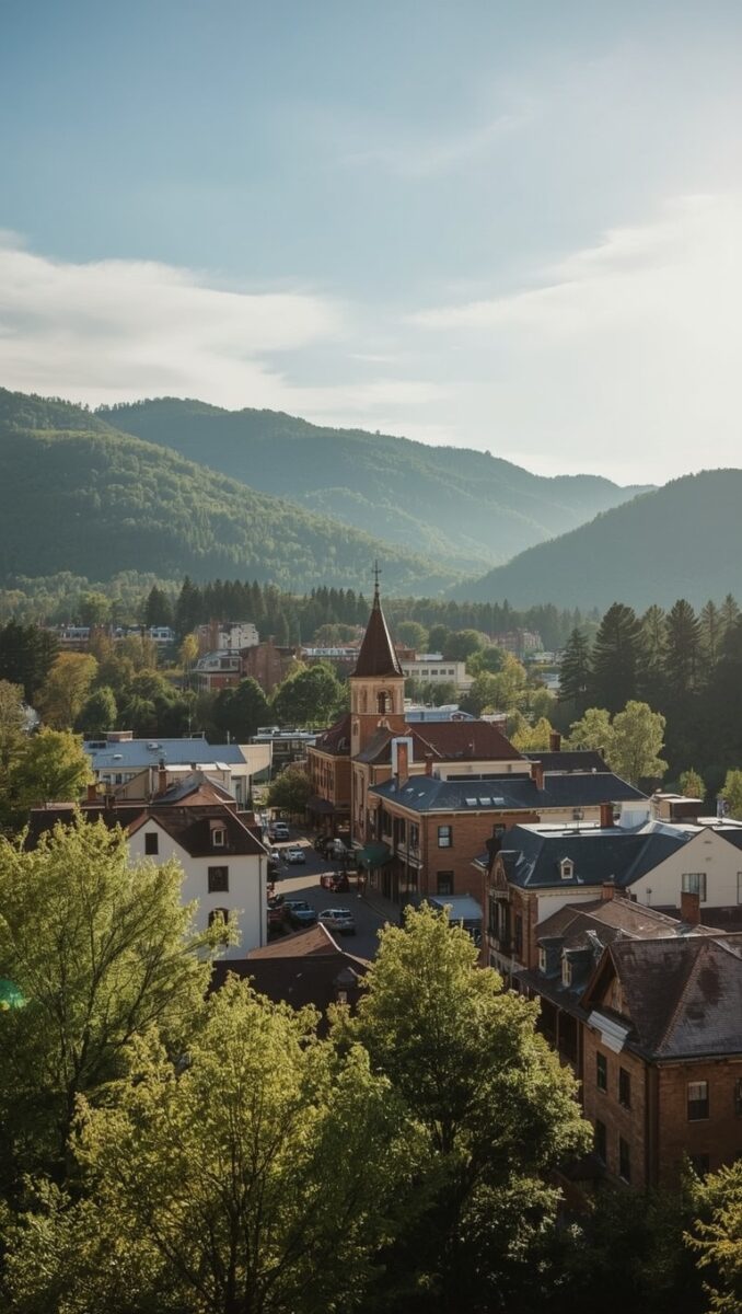 Aerial view of a charming small mountain town with a church steeple, brick buildings, and lush green forested hills in the background