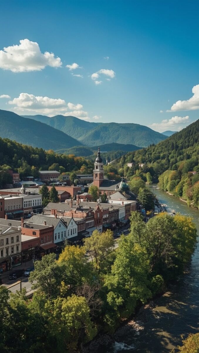 Aerial view of a small mountain town with historic brick buildings, church steeple, and river surrounded by green forested hills