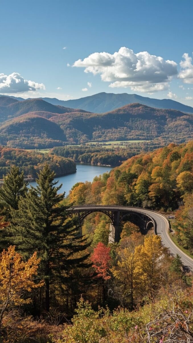 Aerial view of an arched viaduct bridge surrounded by autumn foliage, a mountain lake, and rolling Appalachian hills