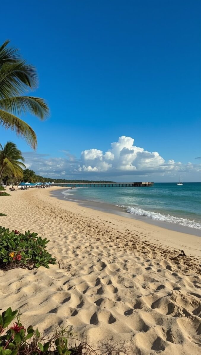 Tropical beach with white sand, palm trees, turquoise water, a pier, and a sailboat under a blue sky