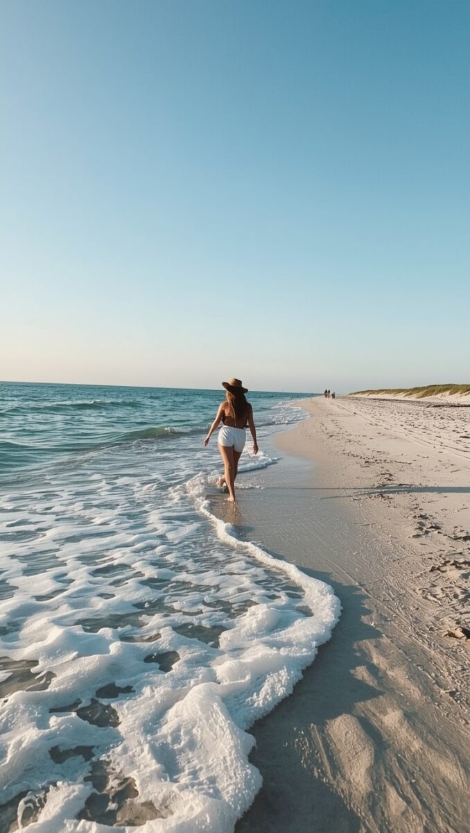 Woman in white shorts and brown hat walking along shallow ocean waves on a wide sandy beach