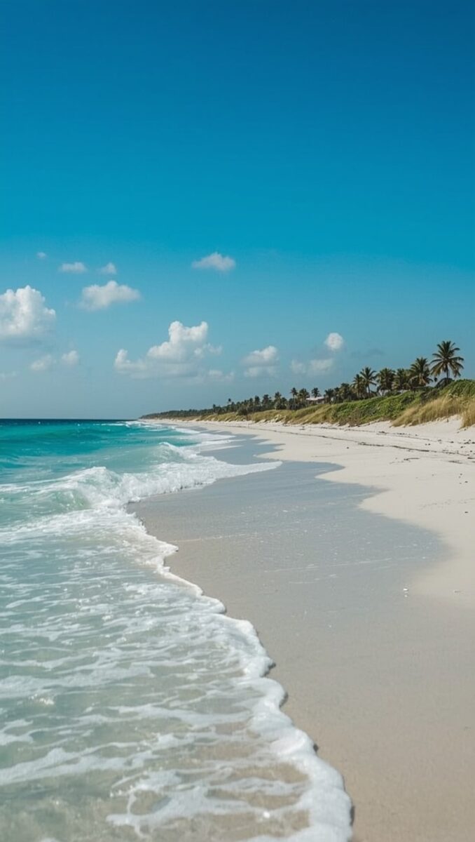 Pristine white sand beach with turquoise ocean waves and palm trees under a bright blue sky
