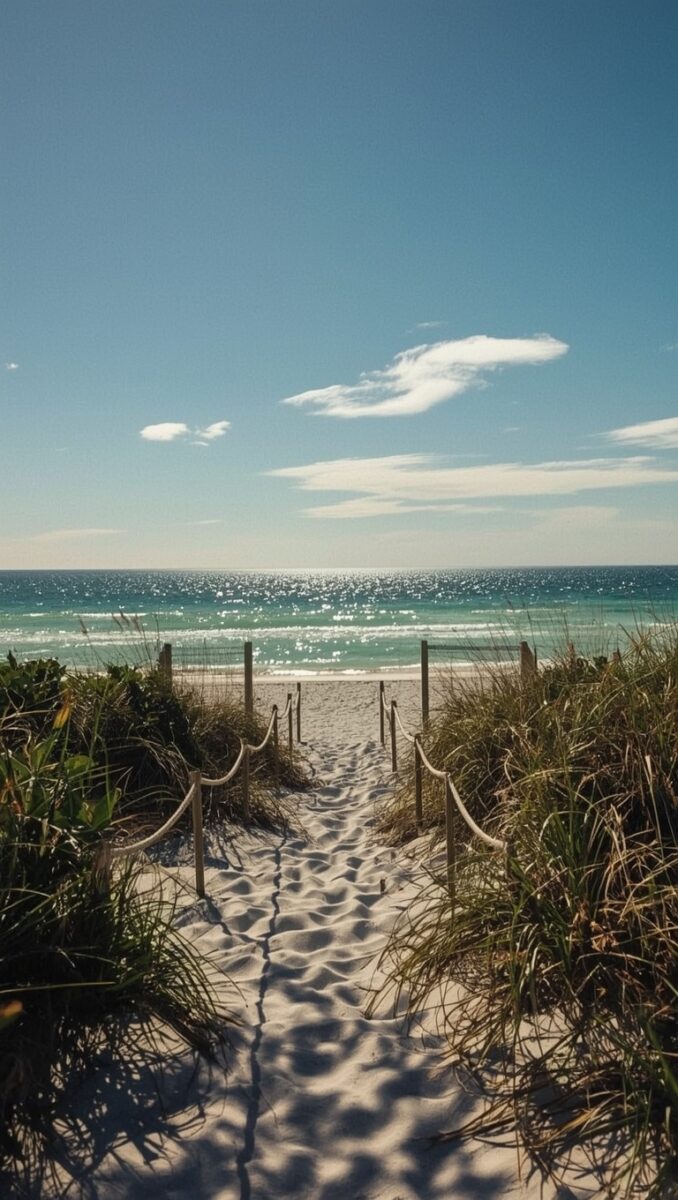Sandy beach pathway with rope fencing and sea grass leading to turquoise ocean under clear blue sky