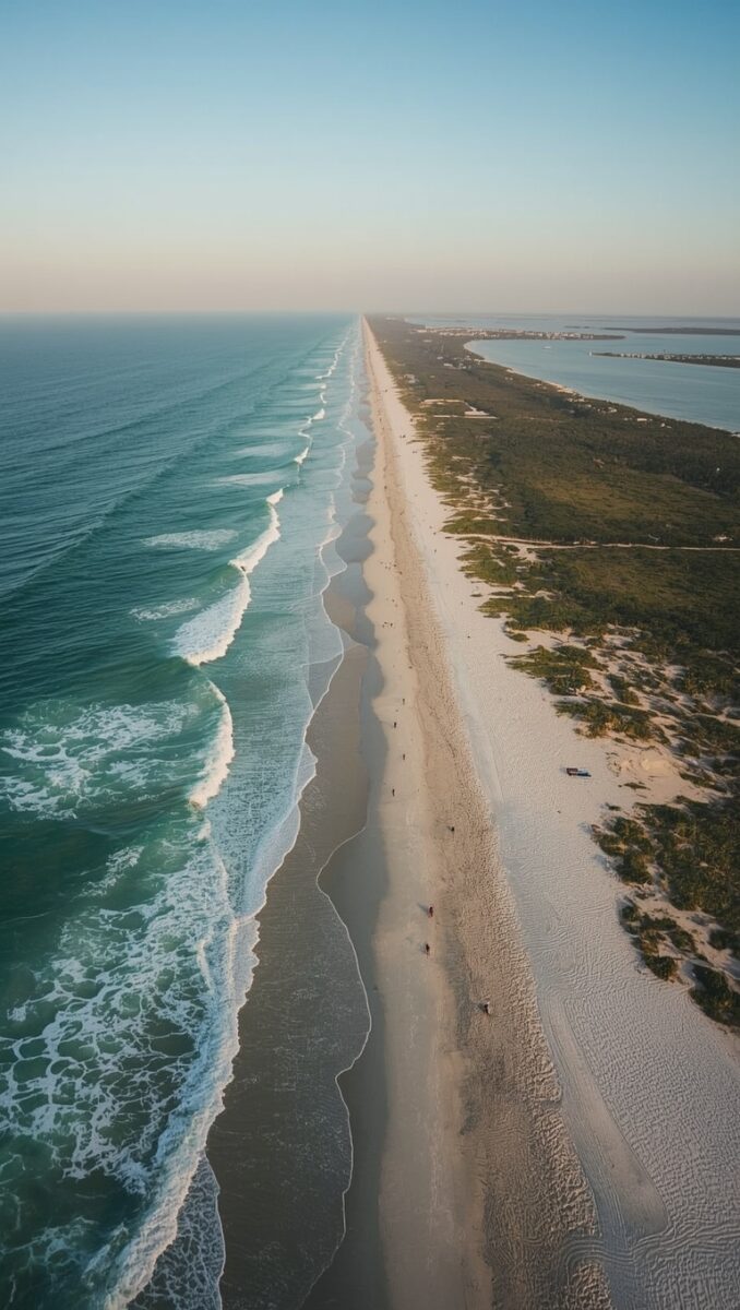 Aerial view of a long narrow barrier island with turquoise ocean waves on the left, white sandy beach, and lush green vegetation on the right