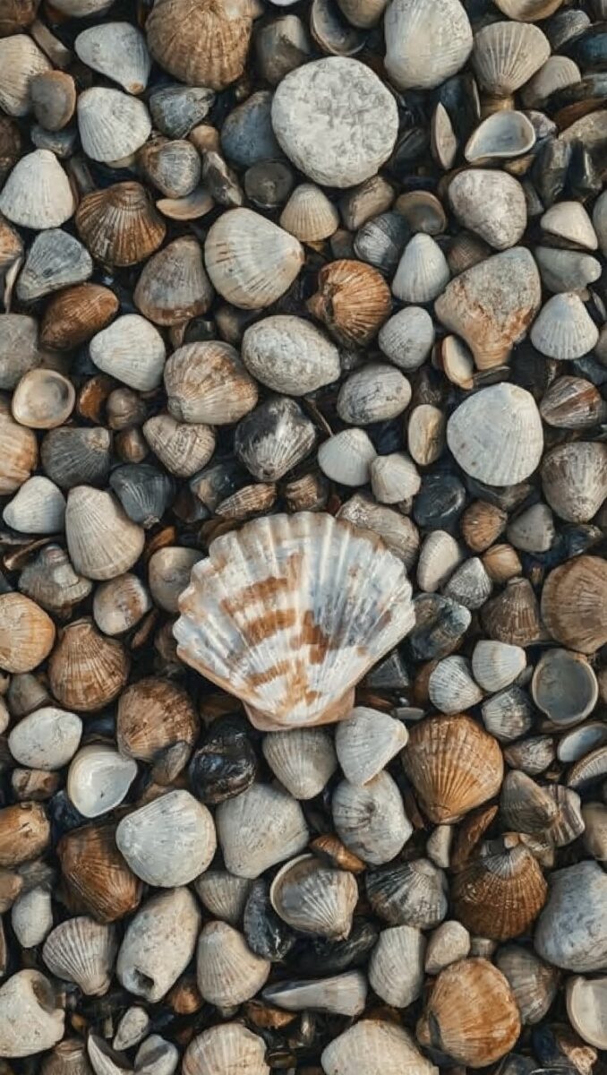 Overhead view of mixed seashells and smooth pebbles on a rocky beach, featuring a prominent scallop shell in the center