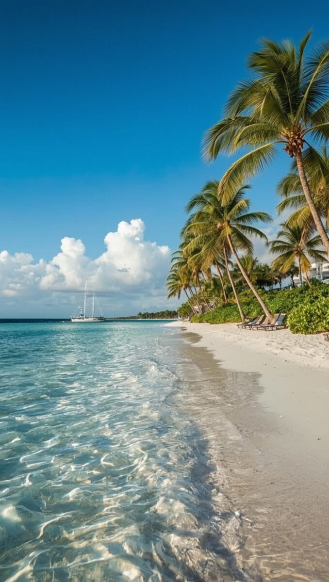 Tropical white sand beach with palm trees, crystal clear turquoise water, and a sailboat in the distance