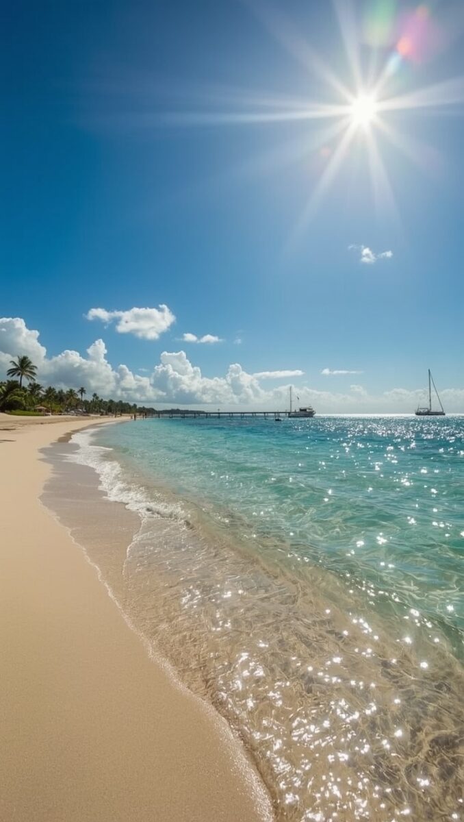 Sunny tropical beach with crystal clear turquoise water, white sand, palm trees, pier, and sailboats under blue sky