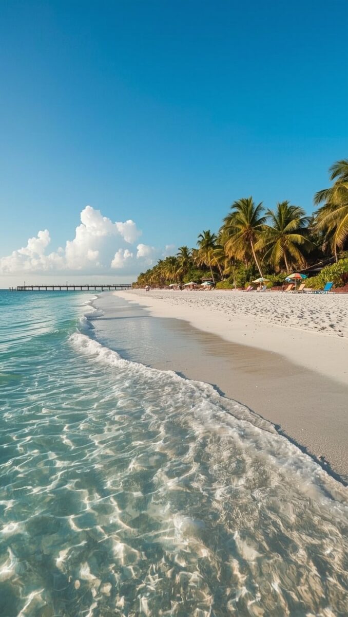 Crystal-clear turquoise waves washing onto a white sandy tropical beach lined with palm trees and beach chairs