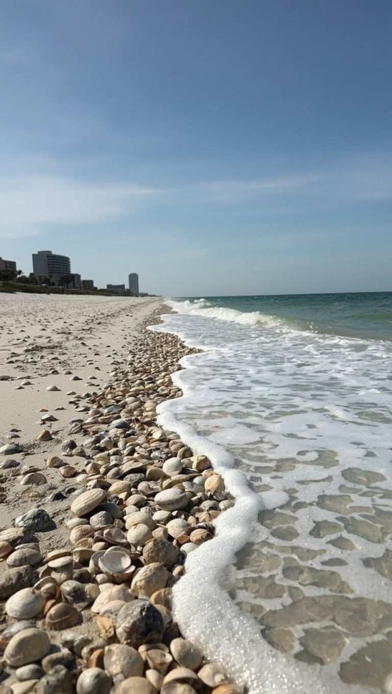 Shells and pebbles lining a white sand beach with turquoise waves and coastal buildings in the distance
