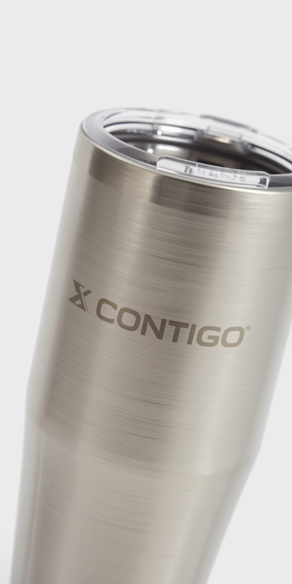 Contigo stainless steel insulated tumbler with clear plastic lid and brushed metal finish