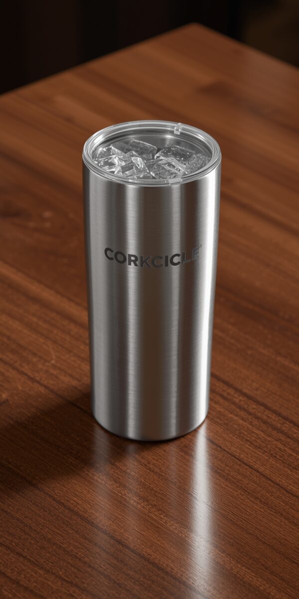 Corkcicle stainless steel insulated tumbler filled with ice cubes on a wooden table