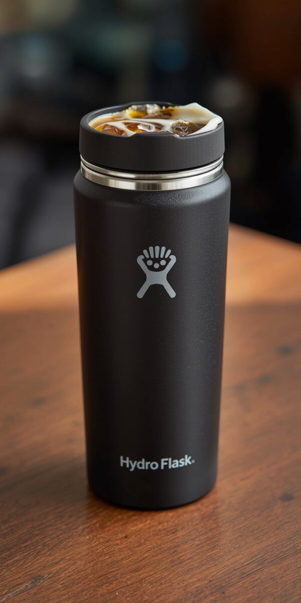 Black Hydro Flask insulated tumbler filled with iced coffee and ice cubes on a wooden surface