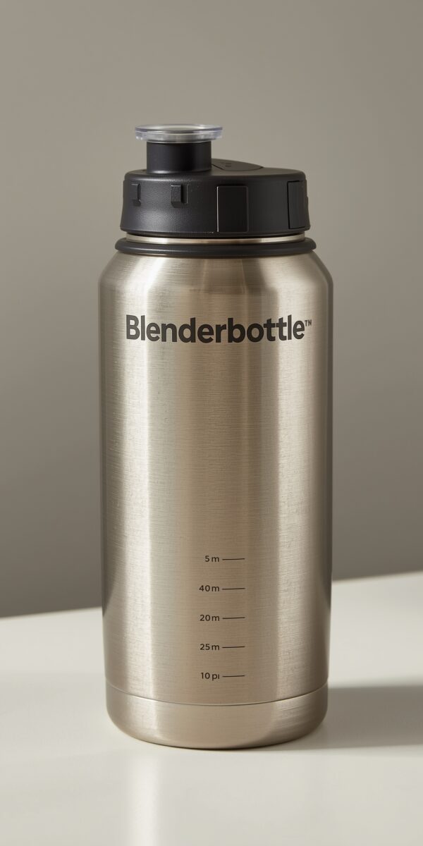 Stainless steel Blenderbottle with black flip-top lid and measurement markings on white surface