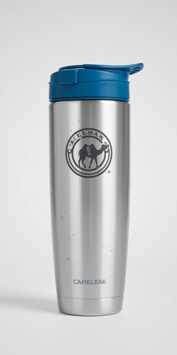 CamelBak stainless steel insulated tumbler with blue flip-top lid and engraved camel logo