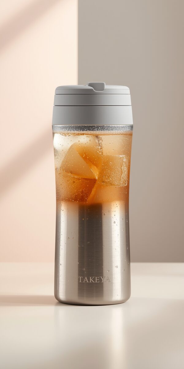 Takeya stainless steel tumbler filled with iced coffee and ice cubes, gray flip lid, condensation on clear upper body