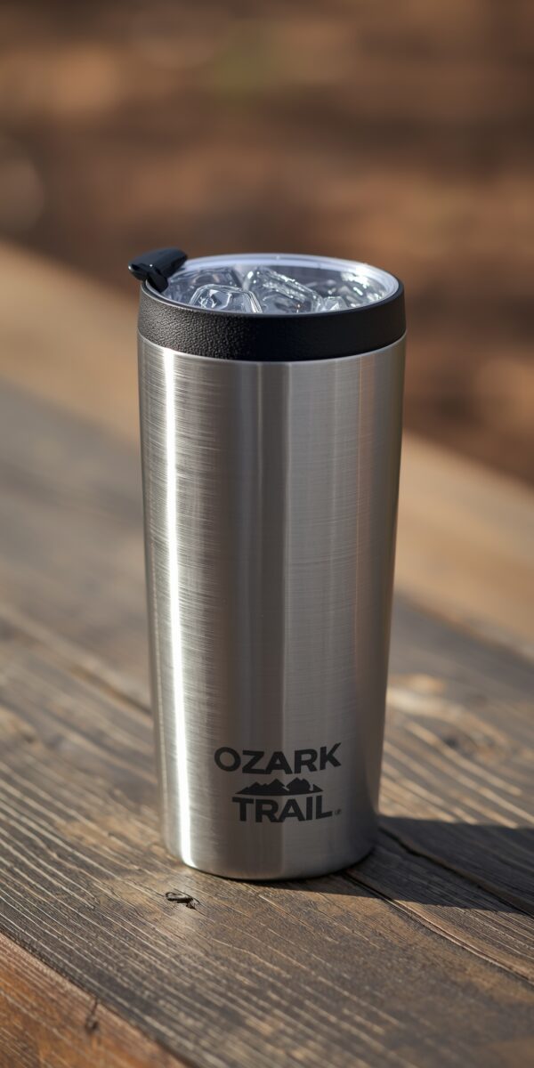 Ozark Trail stainless steel insulated tumbler filled with ice cubes on a rustic wooden surface outdoors