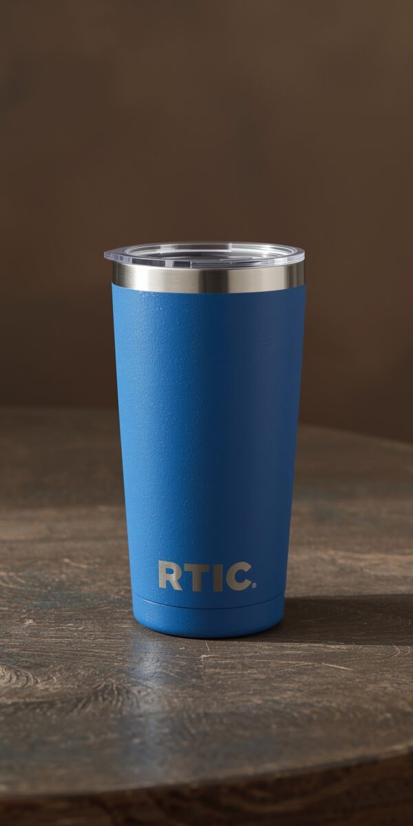 Blue RTIC insulated tumbler with clear lid on wooden surface, matte finish stainless steel travel cup